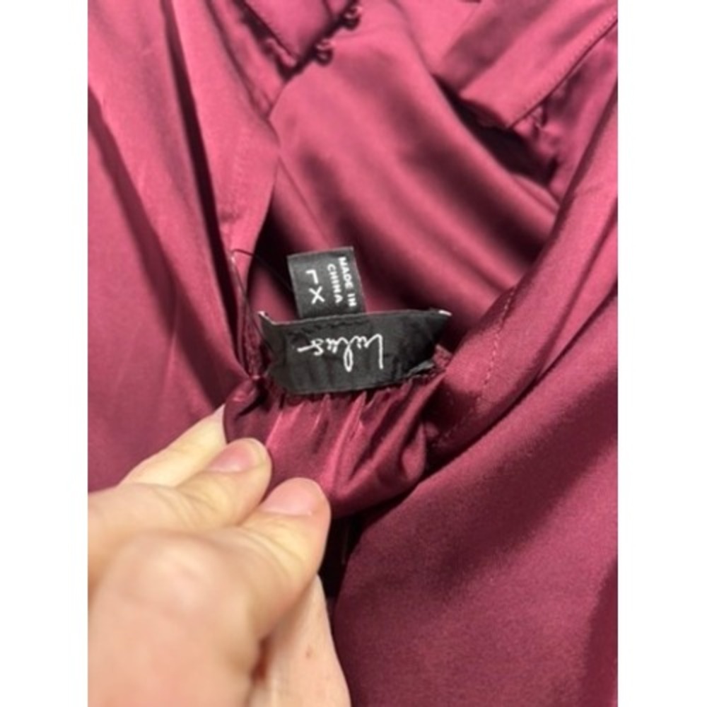 Lulus Burgundy Satin High Neck Draped Maxi Dress Size XL Sleeveless Side Slit - Picture 9 of 13